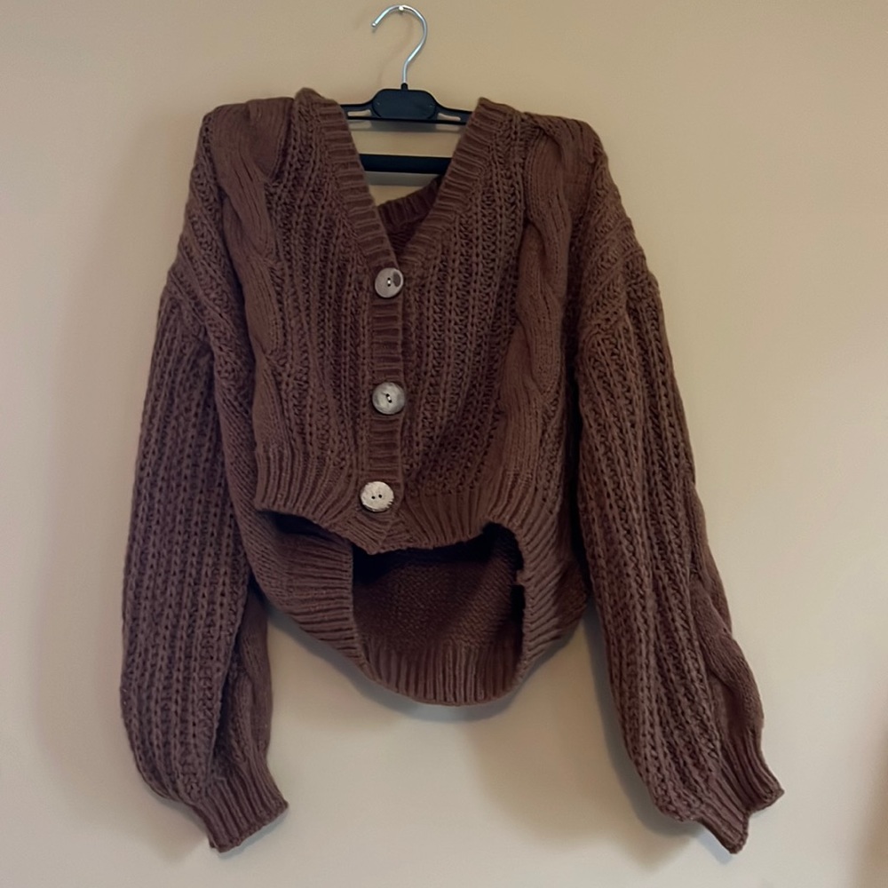 Chunky cable knit brown cardigan